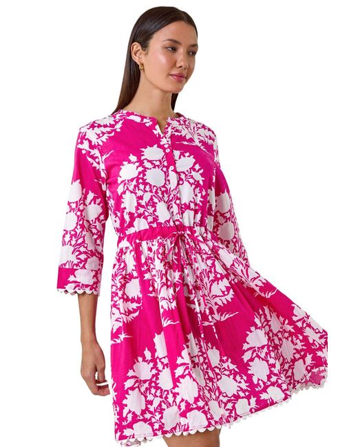 Roman Pink Floral Button Smock Dress
