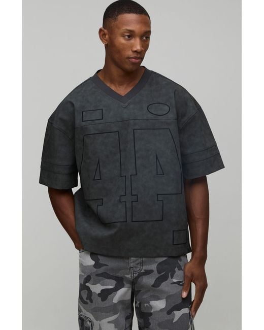 BoohooMAN Gray Oversized Washed Pu Varsity Hockey T-Shirt for men