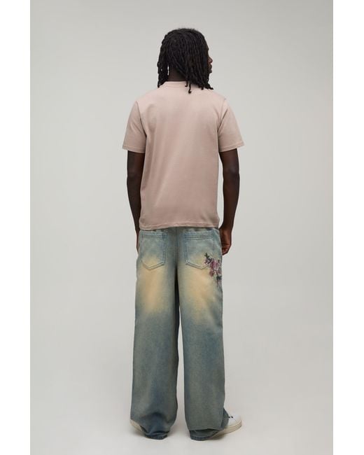 BoohooMAN Green Floral Crotch Embroidered Baggy Fit Jeans for men
