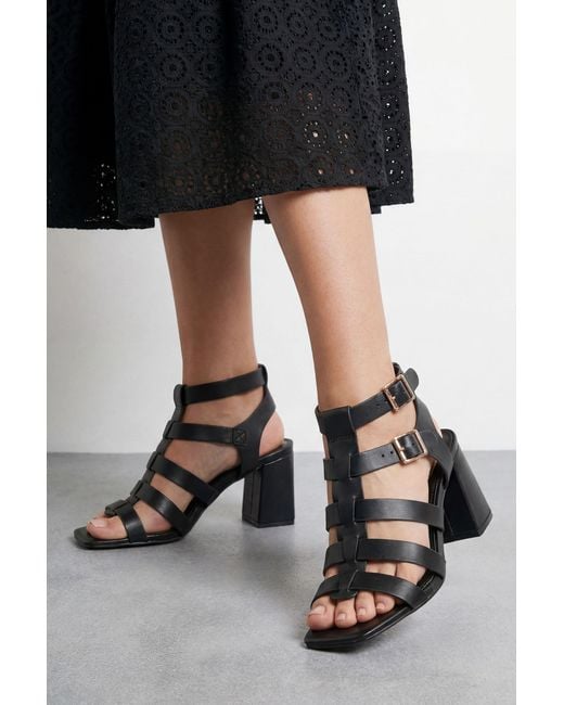Faith Black Nikkie Faux Leather Block Heel Gladiator Sandals