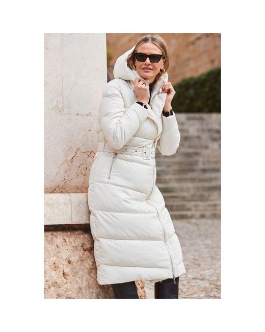 Sosandar Natural Ivory Longline Padded Coat With Removable Hood