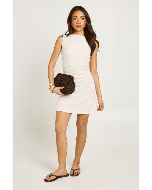Boohoo Natural Textured Slash Neck Ruched Waist Mini Dress