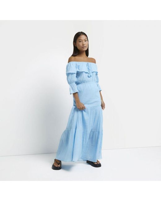 River Island Blue Bardot Maxi Dress Petite Nola Cotton
