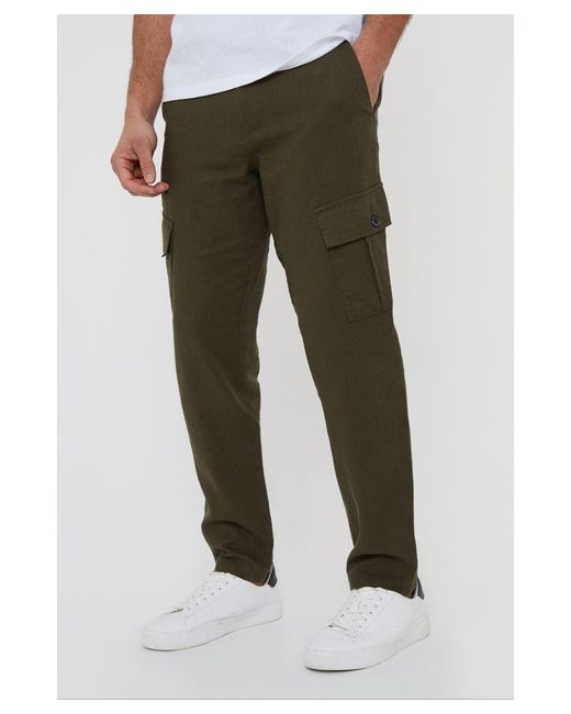 Threadbare Green 'Ramsay' Linen Blend Cargo Trousers for men