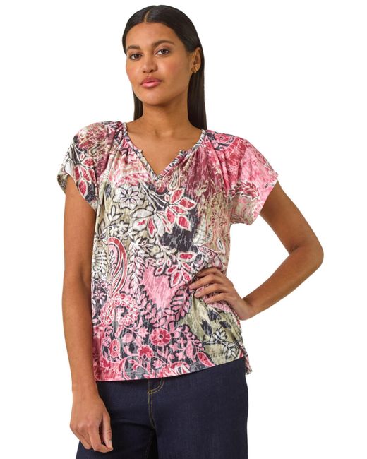 Roman Red Paisley Print V-Neck Raglan Top