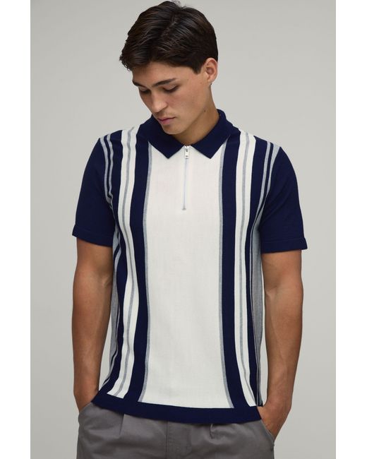 BoohooMAN Blue Regular Fit 1/4 Zip Striped Knitted Polo for men