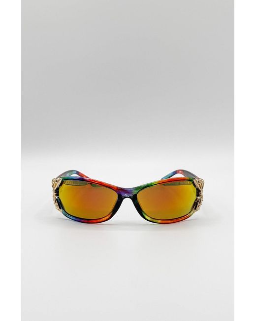 SVNX Brown Vintage Wrap Around With Butterfly Detail Sunglasses