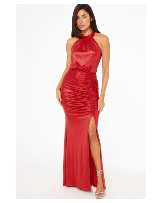 Quiz Red Halter Neck Ruched Maxi Dress