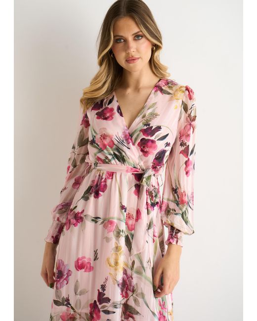 Gini London Pink Floral Print Sparkle Chiffon Wrap Midi Dress