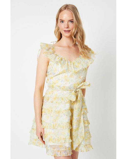 Oasis White Lime Floral Ruffle Organza Mini Dress