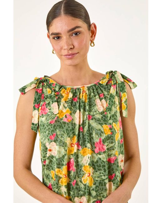 Roman Green Floral Print Bow Detail Top