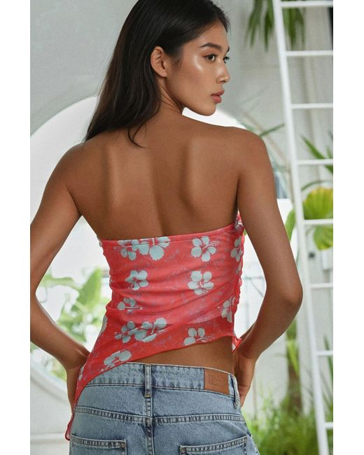 Hiccup Red Strapless Floral Knitted Crop Top