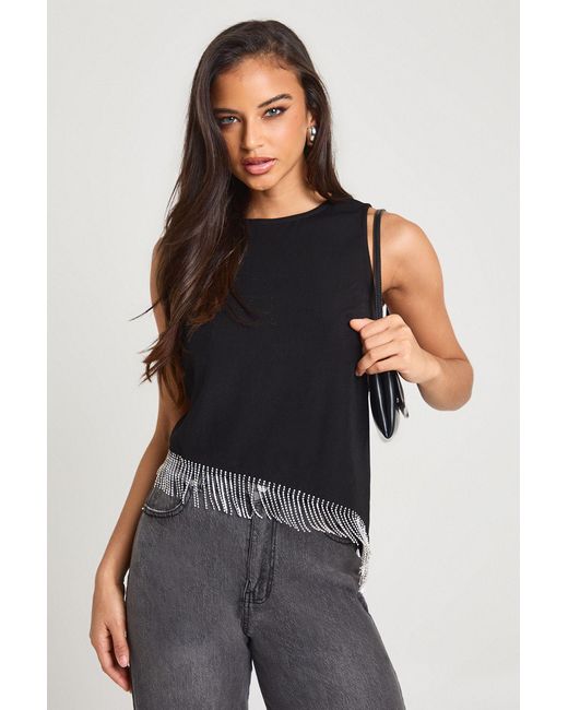 Boohoo Black Diamante Trim Asymmetric Top