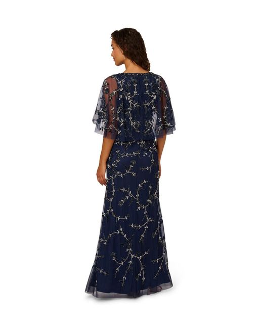 Adrianna Papell Blue Bead Cape Long Dress