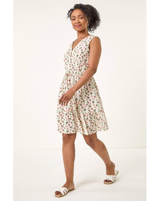 Roman White Petite Cherry Tie Waist Dress