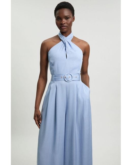 Karen Millen Blue Premium Viscose Linen Cross Front Halter Belted Woven Wide Leg Jumpsuit