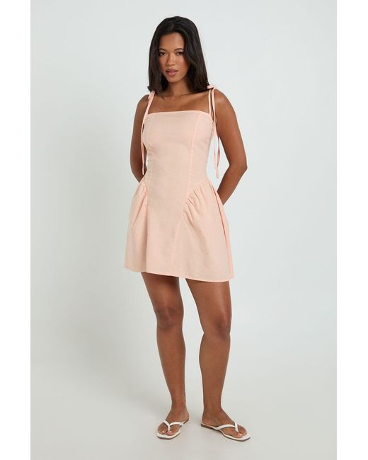 Boohoo Natural Linen Tie Shoulder Skater Dress