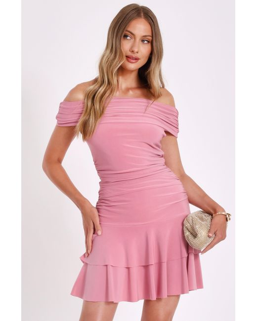 Quiz Bardot Ruched Mini Dress in Pink Lyst UK