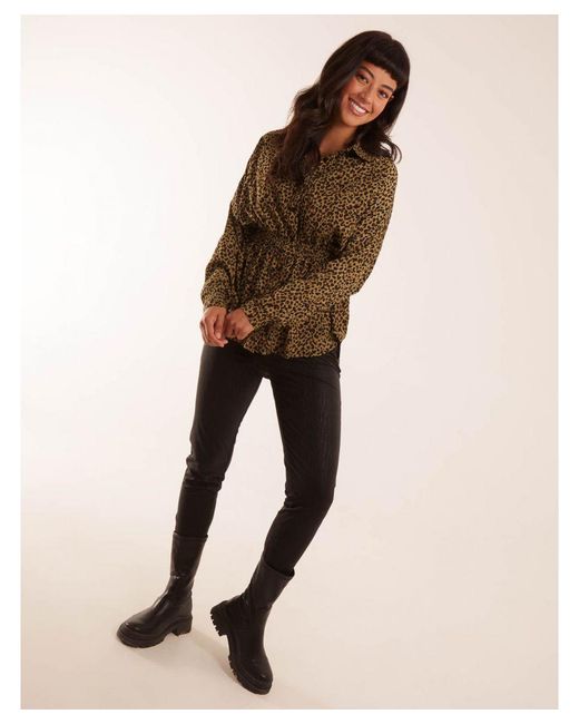 Blue Vanilla Brown Leopard Print Shirred Waist Shirt