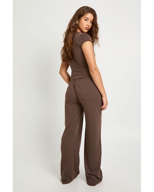 Boohoo Brown Stripe Minimal Waistband Wide Leg Trousers