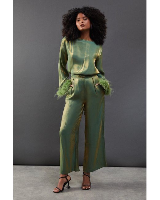 Warehouse Green Iridescent Satin Wide Leg Trouser