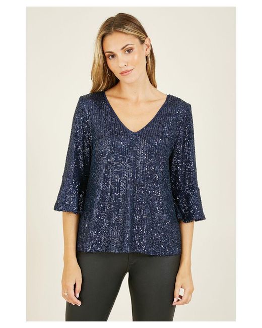 Yumi' Blue Navy Sequin Relaxed Fit Top