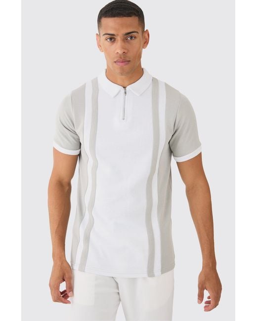BoohooMAN White Slim Panelled Zip Neck Interlock Polo for men