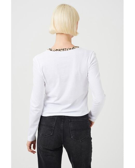 Brave Soul White Long Sleeve Contrast Print Neck Detail Top