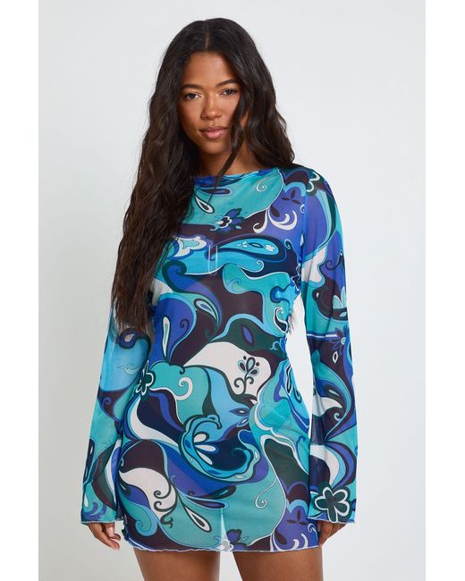 Boohoo Blue Abstract Print Sheer Mesh Mini Beach Dress