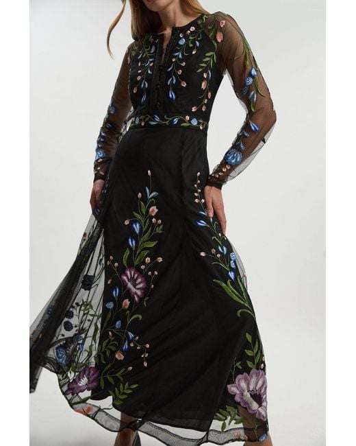 Karen Millen Black Placed Floral Embroidered Mesh Woven Belted Maxi Dress
