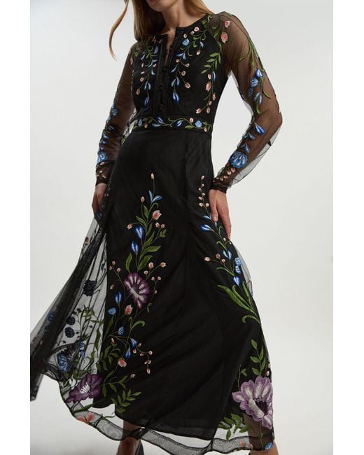 Karen Millen Black Placed Floral Embroidered Mesh Woven Belted Maxi Dress