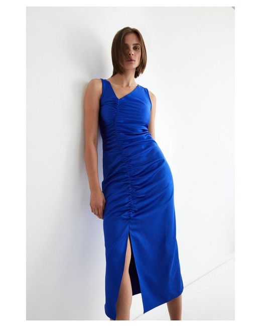 Warehouse Blue Ruched Midi Dress