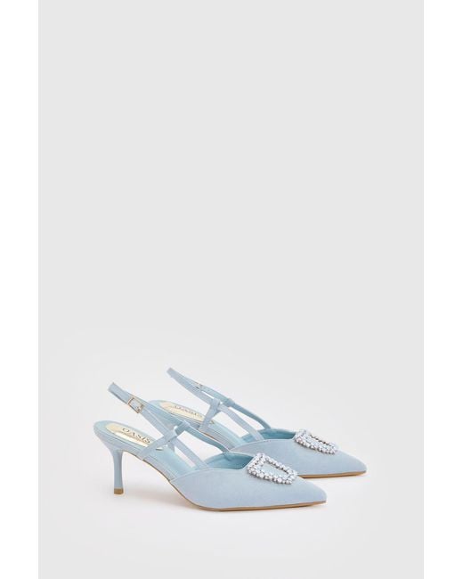 Oasis Blue Amanda Textile Point Embellished Trim Slingback Kitten Heel Court Shoes