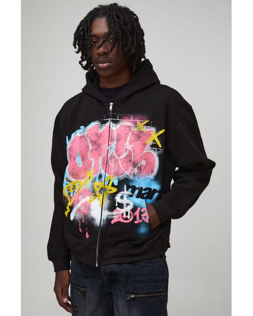 BoohooMAN Black Oversized Boxy Zip Through Ofcl Graffiti Spray Printed Hoodie Cotton for men