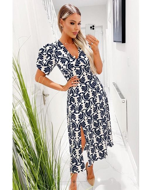 AX Paris White And Printed Short Puff Sleeve V Neck Midi Dress