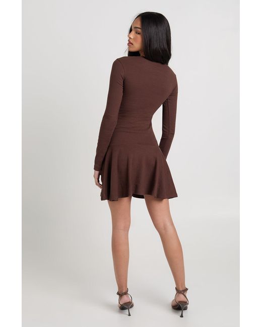 Boohoo Brown Rib Dropped Hem Skater Dress