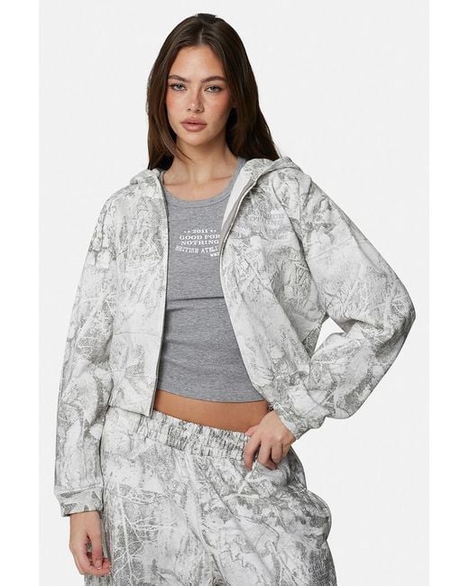Good For Nothing Gray Baggy Camo Zip Hoodie With Embroidered Logo