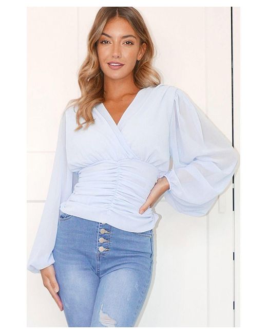 Quiz White Pale Blue Ruched Chiffon Wrap Top