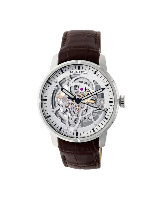 Heritor Metallic Ryder Skeleton Leather-Band Watch for men