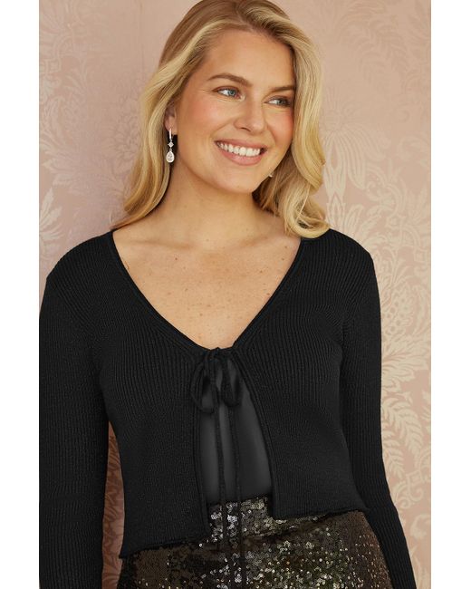 Yumi' Black Metallic Knitted Ribbed Tie Front Bolero Viscose