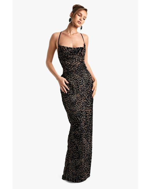 Boohoo Black Leopard Devore Cowl Neck Tie Back Maxi Dress