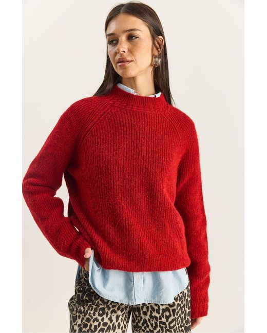 Bianco Lucci Red Oversized Crew Neck Knit Sweater