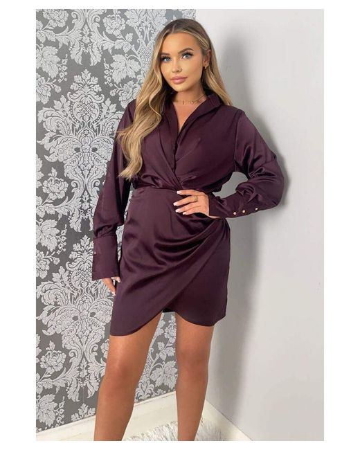AX Paris Purple Plum Satin Wrap Shirt Dress