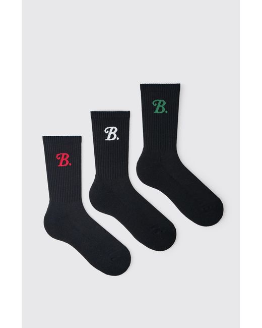 BoohooMAN Black 3 Pack B Jacquard Crew Socks for men