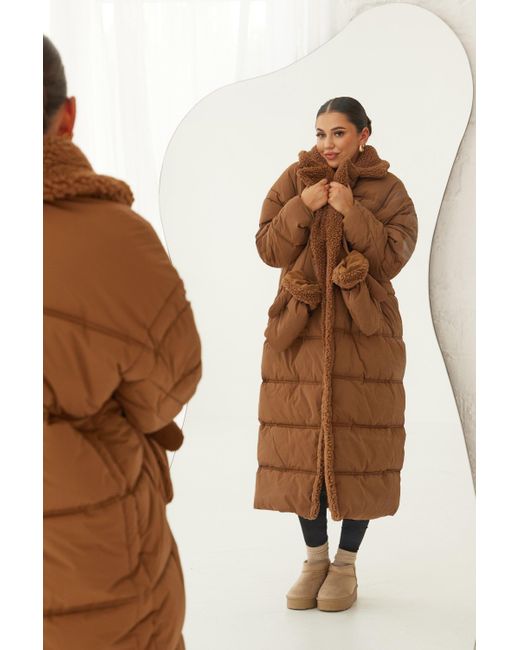 Boohoo Brown Teddy Trim Puffer Coat With Mittens