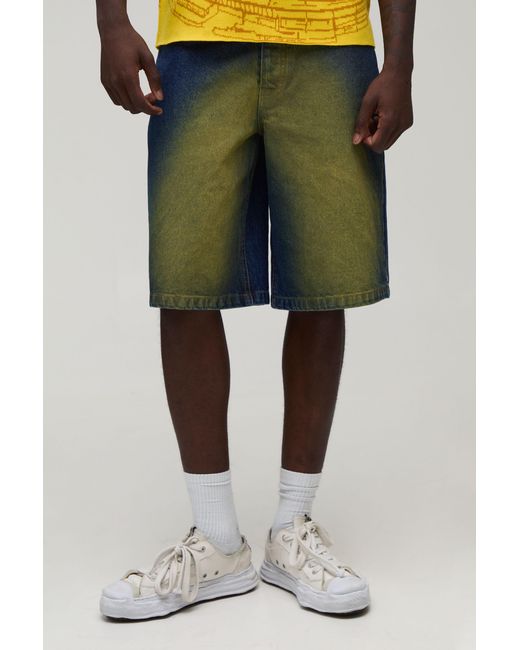 BoohooMAN Green Regular Tinted Denim Jorts for men