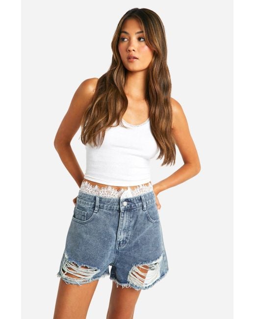 Boohoo Blue Lace Trim Distressed Hem Denim Shorts