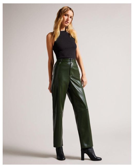 Ted Baker Green Plaider Straight Leg Faux Leather Trouser