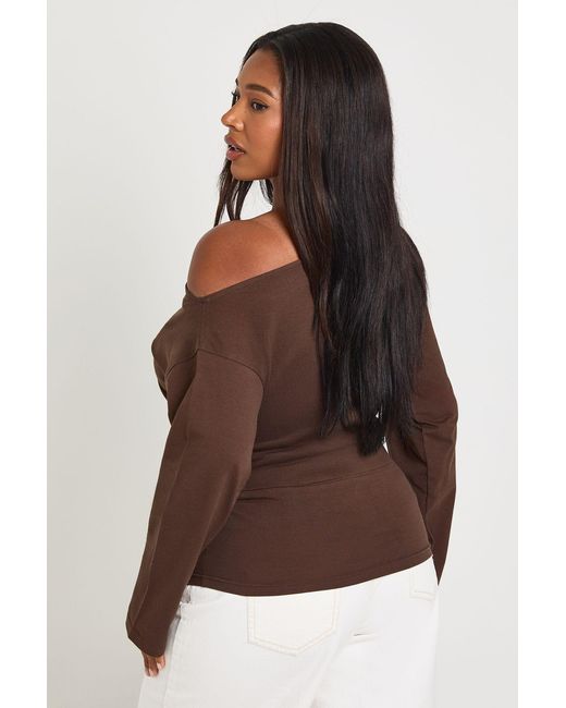 Boohoo Brown Plus Off The Shoulder Ruched Side Long Sleeve Top
