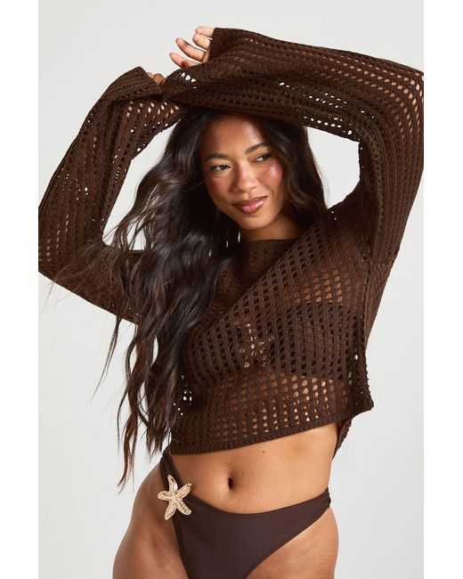 Boohoo Brown Beach Flare Sleeve Crochet Top